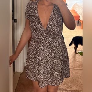 francesca's x blue rain brown and white floral v neck tie back dress